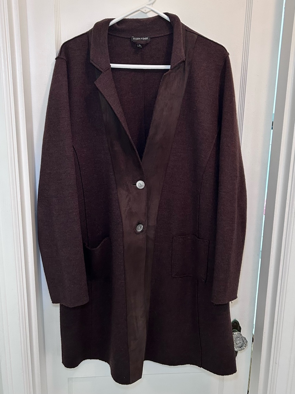 Eileen Fisher Brown Merino Wool Mid Length Overcoat Button Front Pockets XL